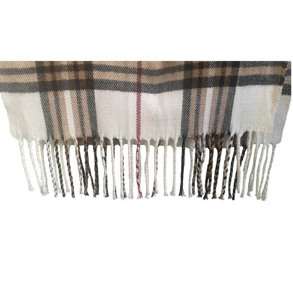 100% Cashmere Plaid Scarf Made in Scotland Cream Tan Black Check Fringe Trim